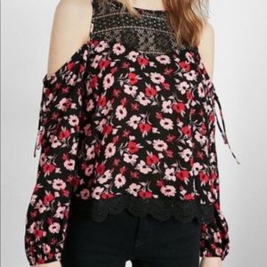 Red and black floral cold shoulder top